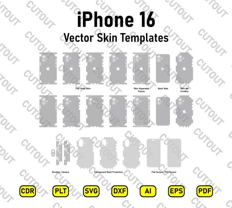 iPhone 16 Series Vector Skin Cut Files + Free Vinyl Skin Mock-up