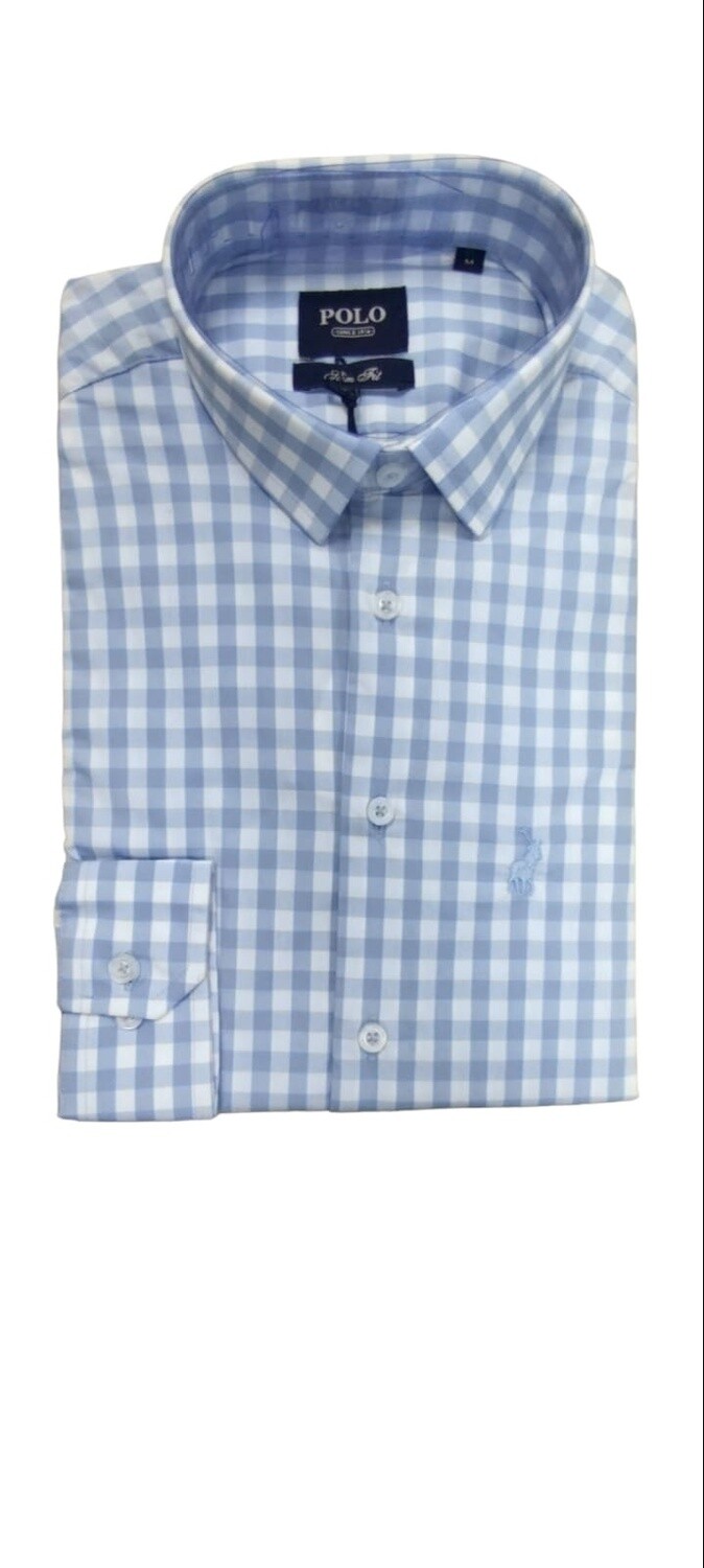 Polo | Long Sleeve Shirt | Slim Fit | Gingham Stretch | Light Blue, Size: M