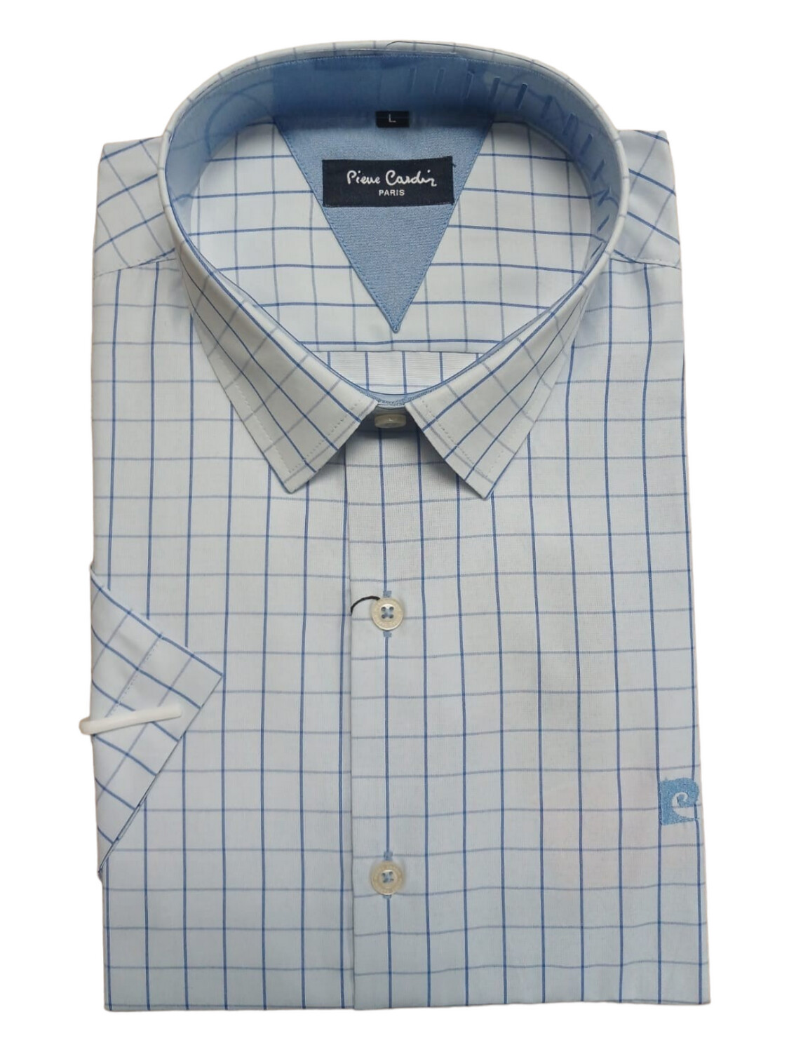 Pierre Cardin | Short Sleeve Shirt | Sky Blue Check, Size: S