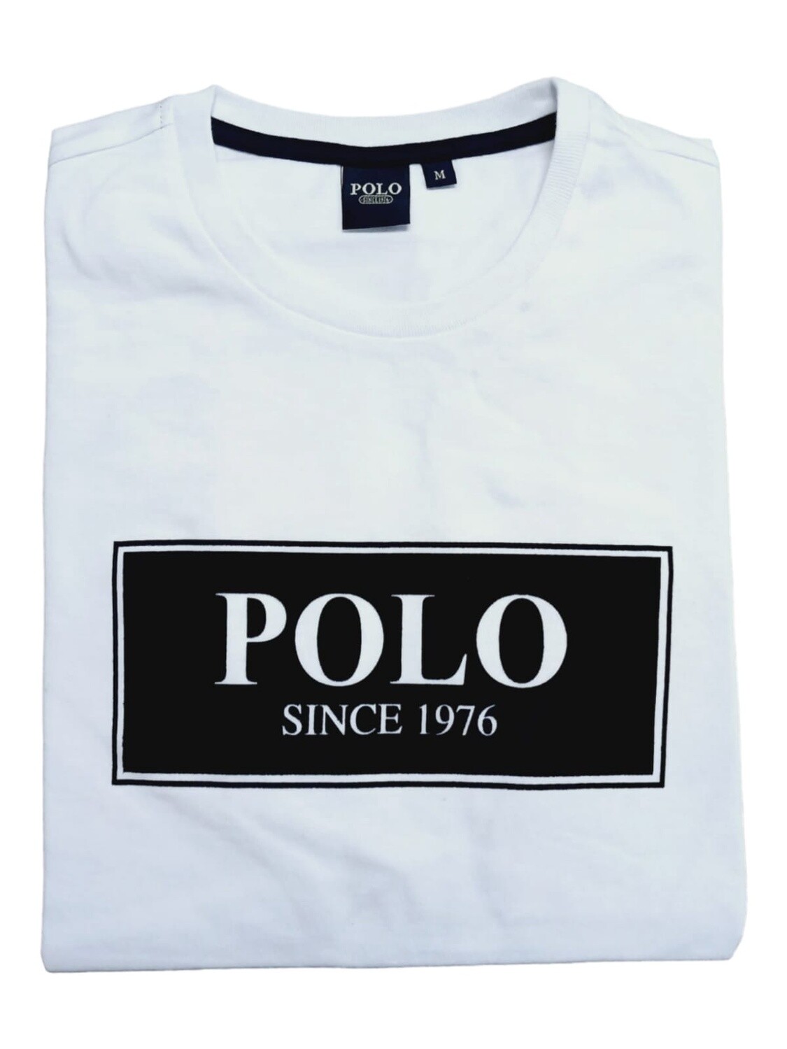 Polo | Crew Neck T-Shirt | Flock Logo | White, Size: S