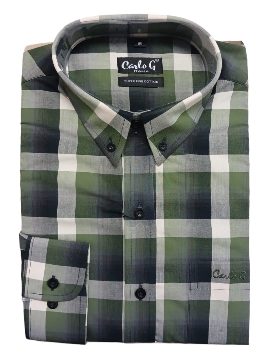 Carlo Galucci | Long Sleeve Classic Fit BD Shirt | Olive Check, Size: S