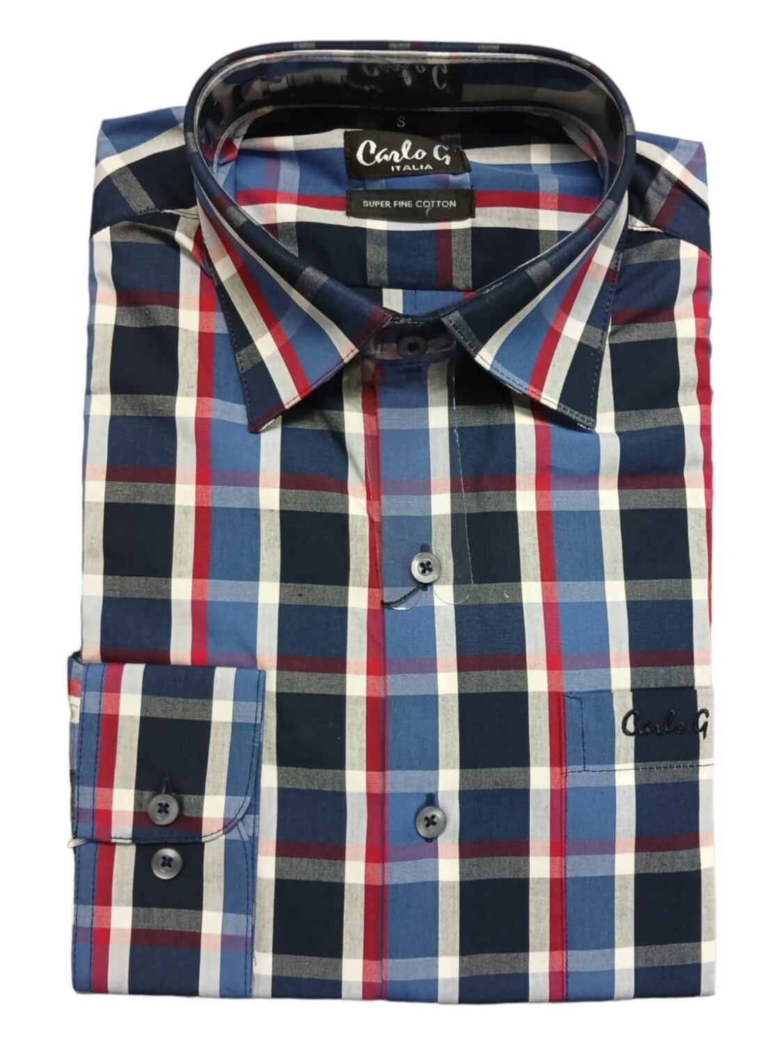 Carlo Galucci | Long Sleeve Classic Fit NBD Shirt | Navy &amp; Red Check, Size: S