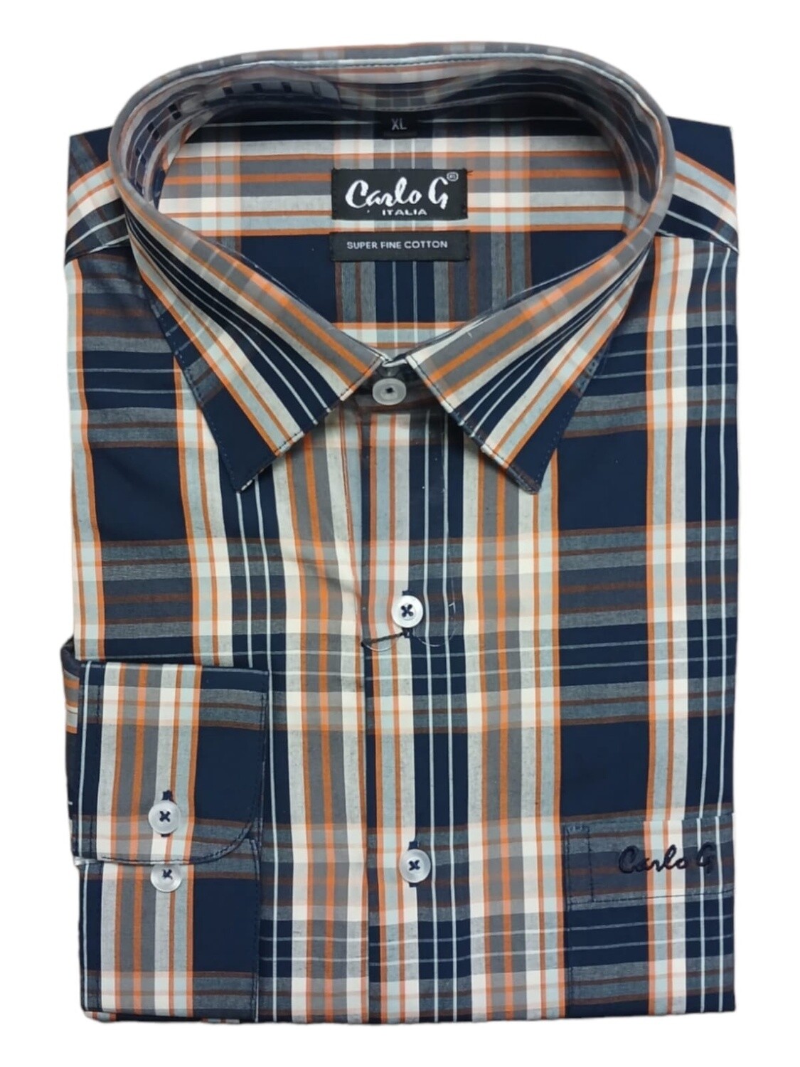 Carlo Galucci | Long Sleeve Classic Fit NBD Shirt | Navy &amp; Orange Check, Size: S