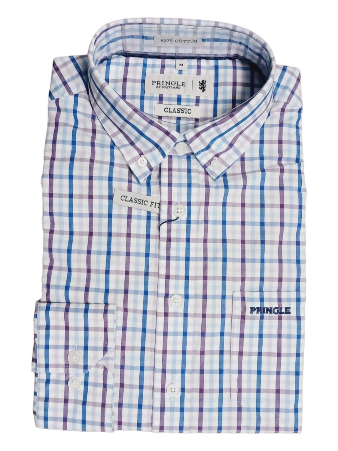 Pringle | Classic Long Sleeve Shirt | Zeno | Blue Purple Check, Size: S