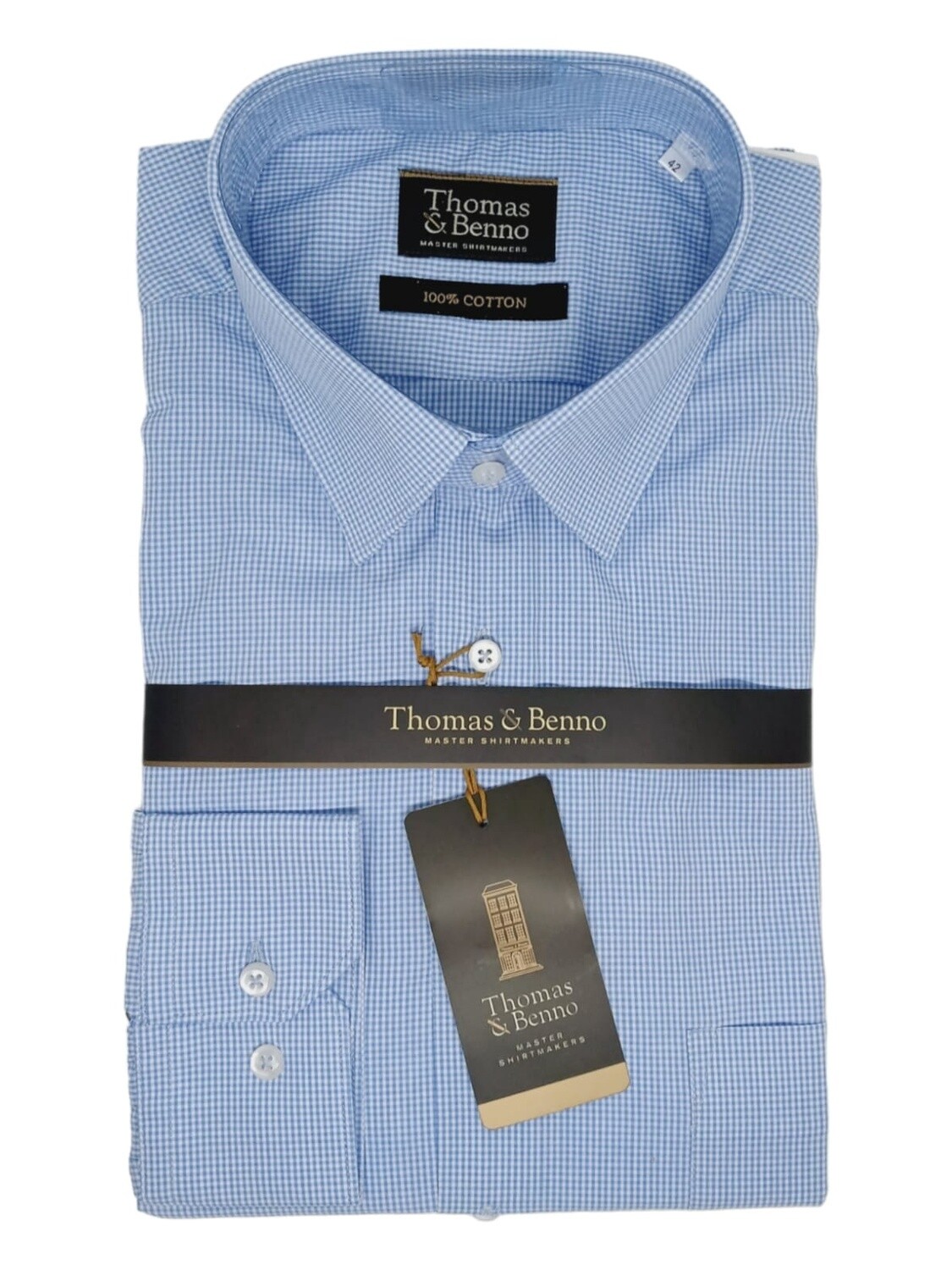 Thomas &amp; Benno | Long Sleeve Shirt | CM0050LBU | Regular Fit | Check | Light Blue, Size: 38