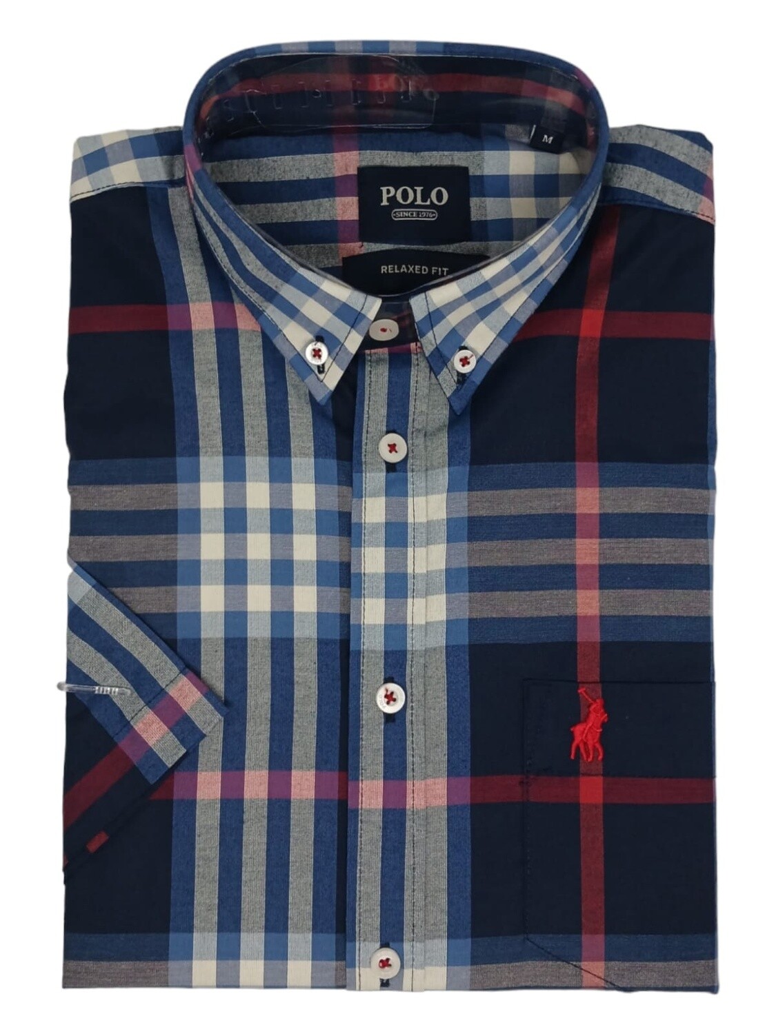 Polo | Short Sleeve Shirt | Bold Check | Navy, Size: M