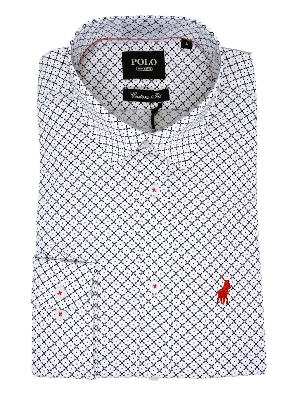 Polo | Long Sleeve Shirt | Geometric Printed | White, Size: S