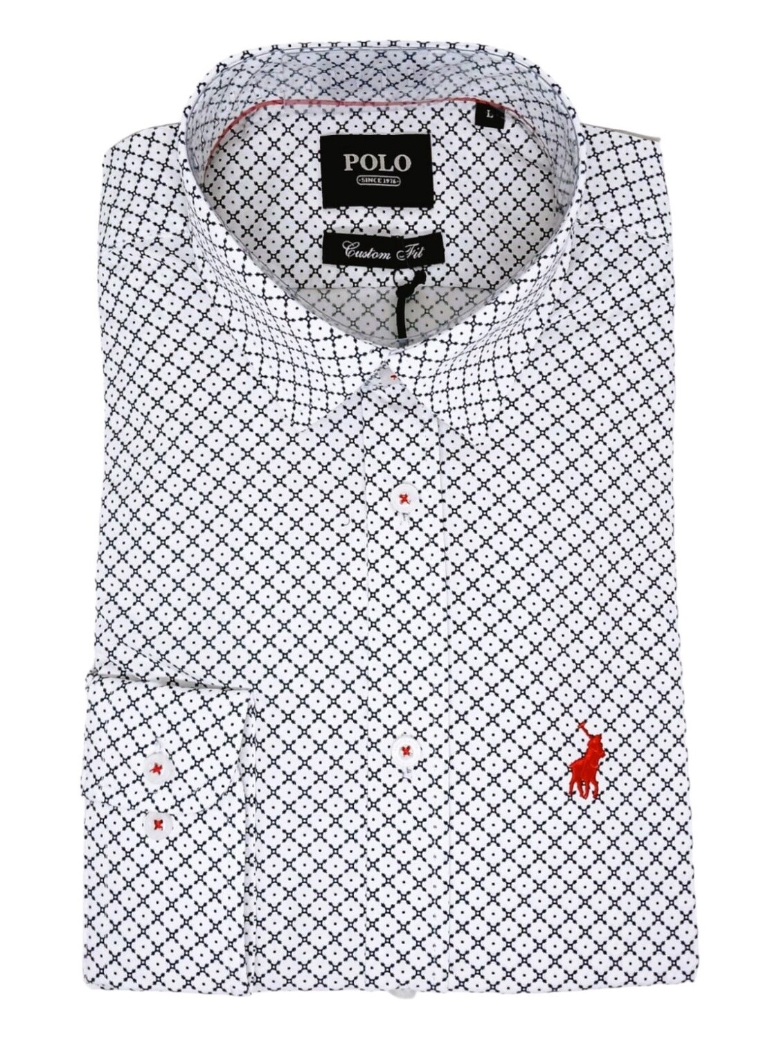 Polo | Long Sleeve Shirt | Geometric Printed | White