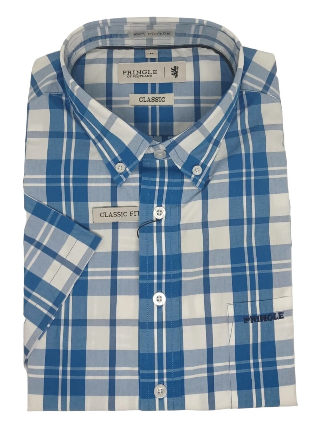 Pringle | Classic Short Sleeve Shirt | Sage | Blue Check, Size: S