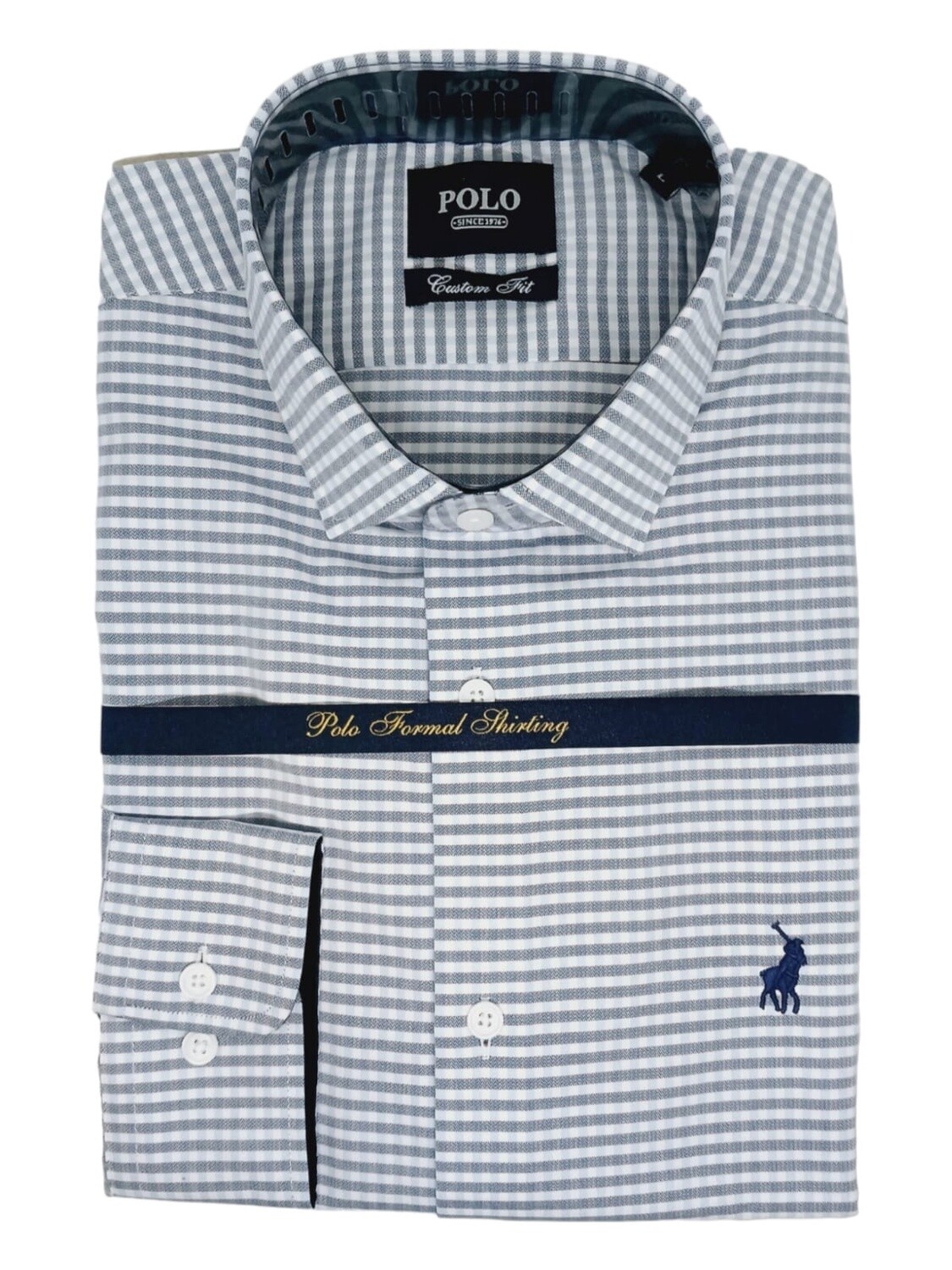 Polo | Long Sleeve Shirt | Micro Gingham | Navy, Size: S