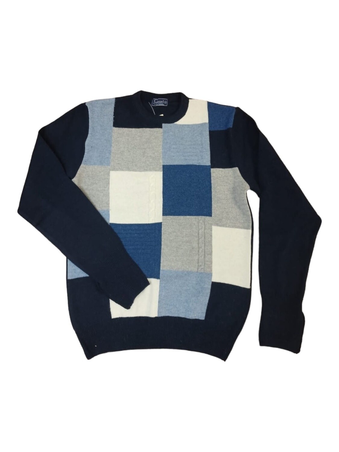 Grant | Lambswool Crew Neck Jersey | Blocks | Navy, Size: S