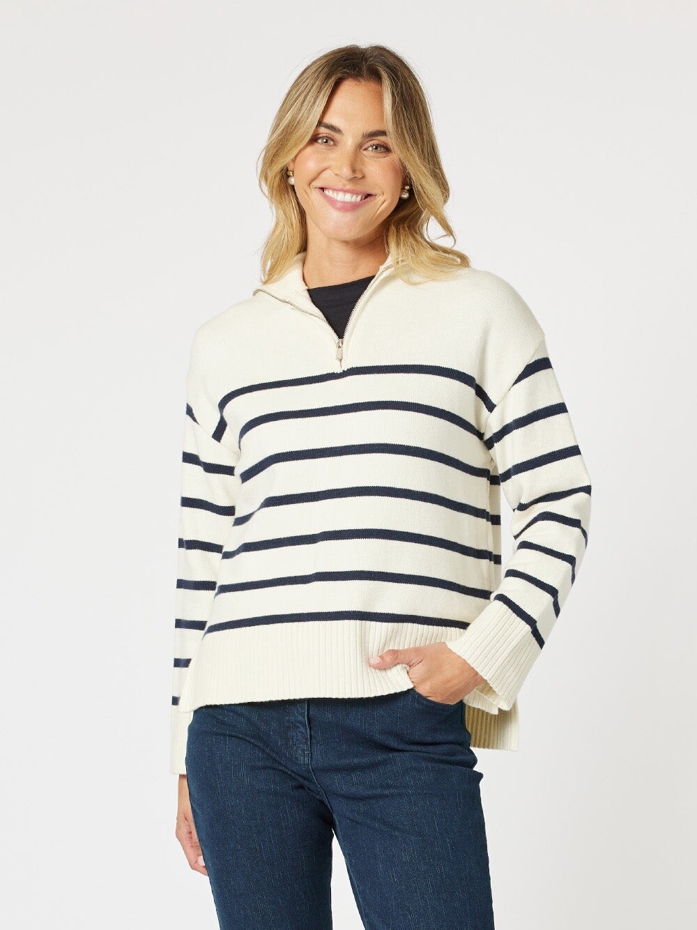 Gordon Smith | Palma Stripe Zip Knit | Ivory &amp; Navy, Size: S