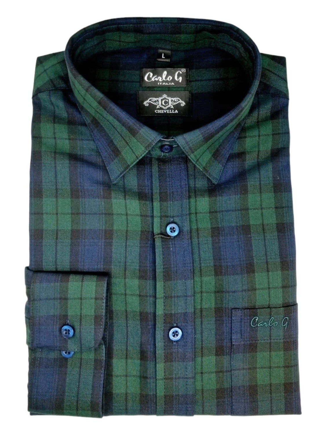 Carlo Galucci | Long Sleeve NBD Shirt | Chevella | Navy-Green Check, Size: S