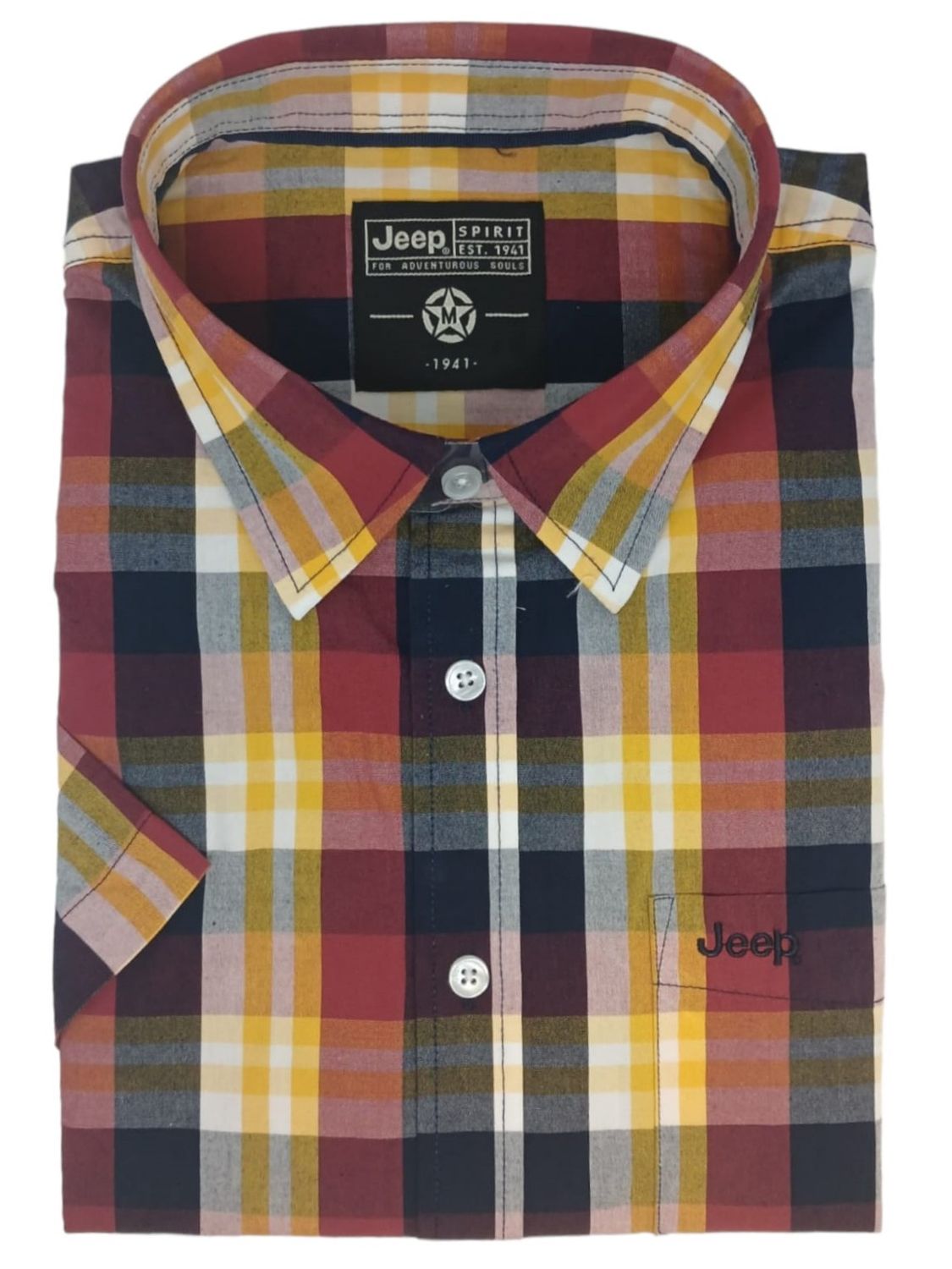 Jeep | Yarn Dyed Short Sleeve Shirt | Yellow &amp; Burgundy Check, Size: M