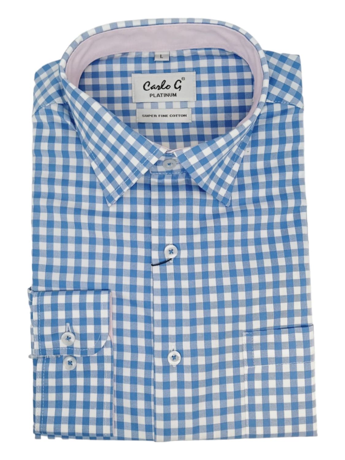 Carlo Galucci | Platinum Long Sleeve Shirt | Blue Check, Size: S