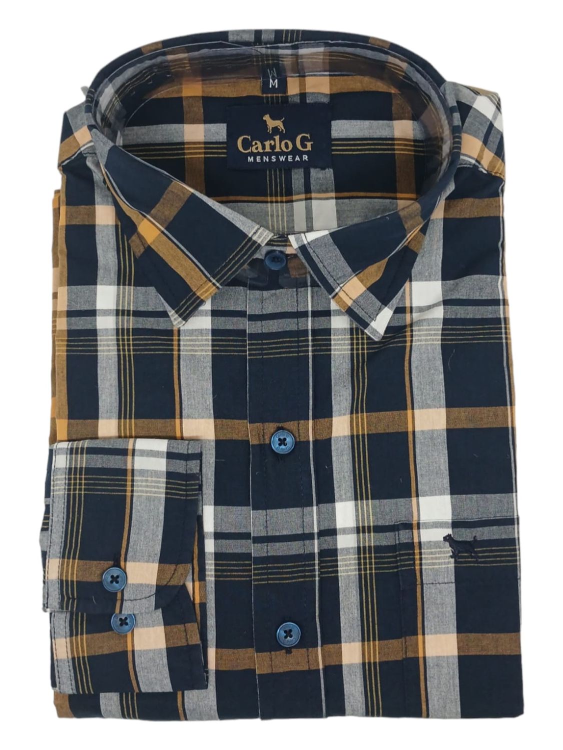 Carlo Galucci | Long Sleeve Shirt | Navy-Mustard Check, Size: S