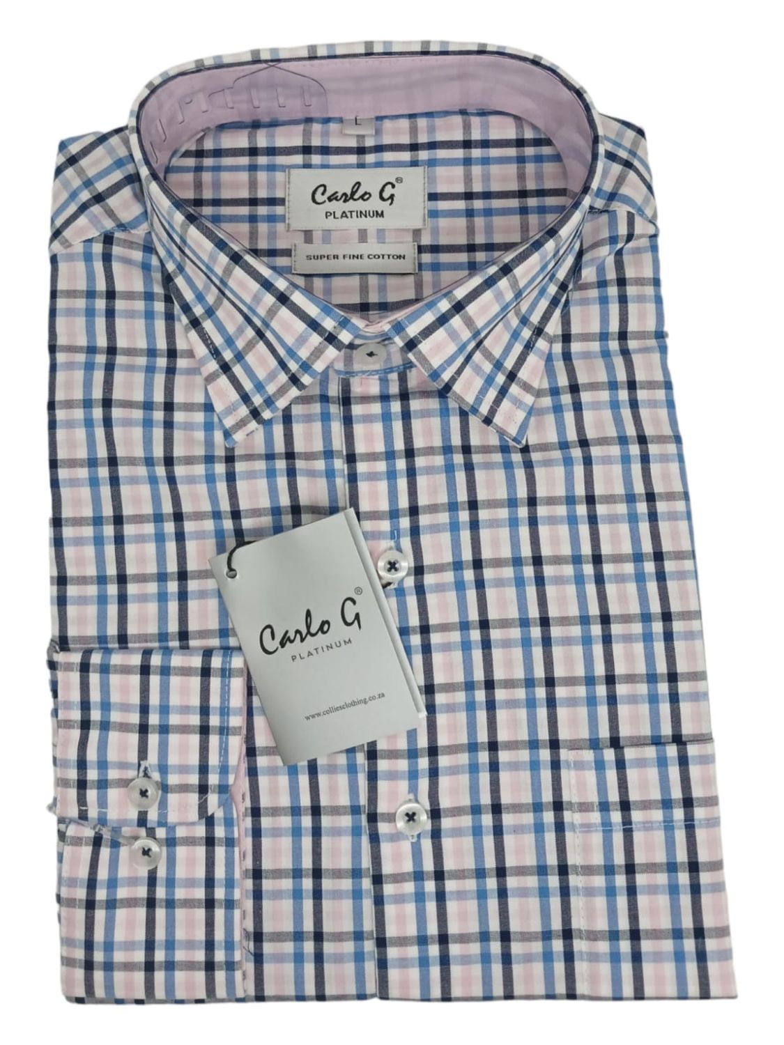 Carlo Galucci | Platinum Long Sleeve Shirt | Pink &amp; Navy Check, Size: S