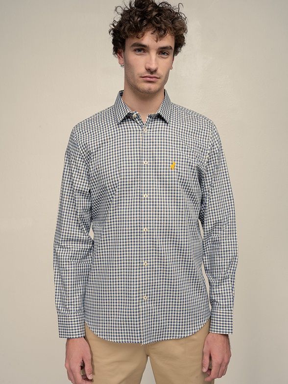 Polo | Dobby Long Sleeve Shirt | Gingham Check | Navy, Size: S