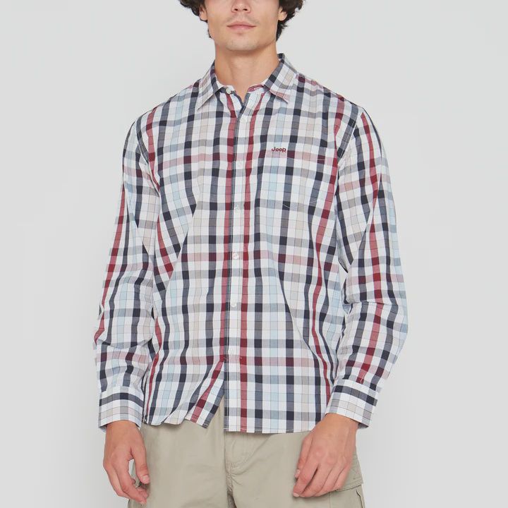 Jeep | Yarn Dyed Long Sleeve Shirt | Burgundy &amp; Sky Check, Size: M