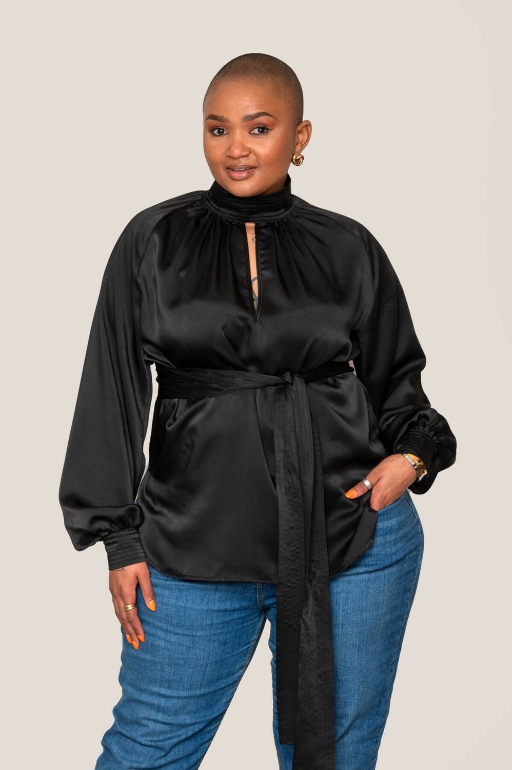 Fluidity | Satin Bow Blouse | Black, Size: 34