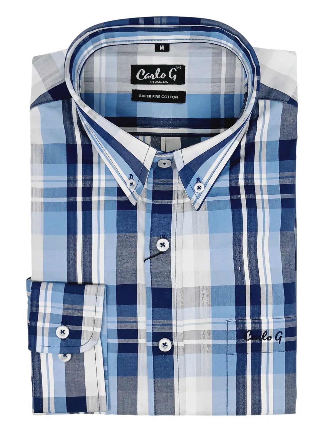 Carlo Galucci | Long Sleeve Classic Fit BD Shirt | Blue Check, Size: S