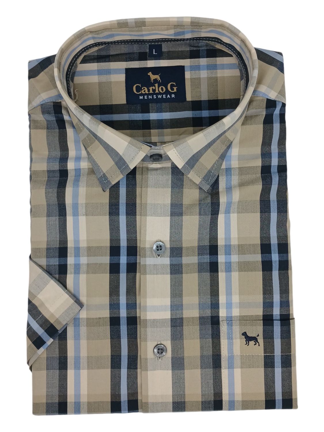 Carlo Galucci | Short Sleeve Classic Fit NBD Shirt | Staffie | Stone Check, Size: S