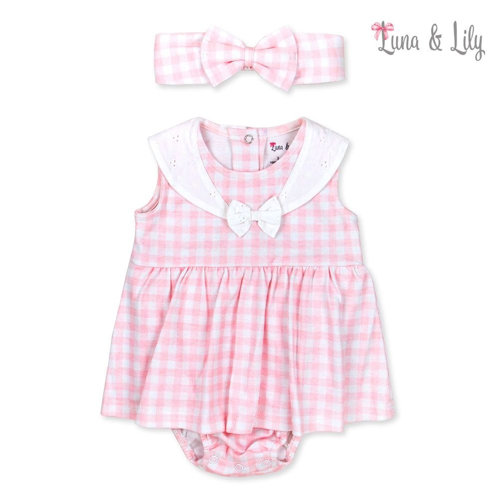 Luna Lily | 2 Piece Romper Set With Headband | Pink Checkered, Size: 0-3M
