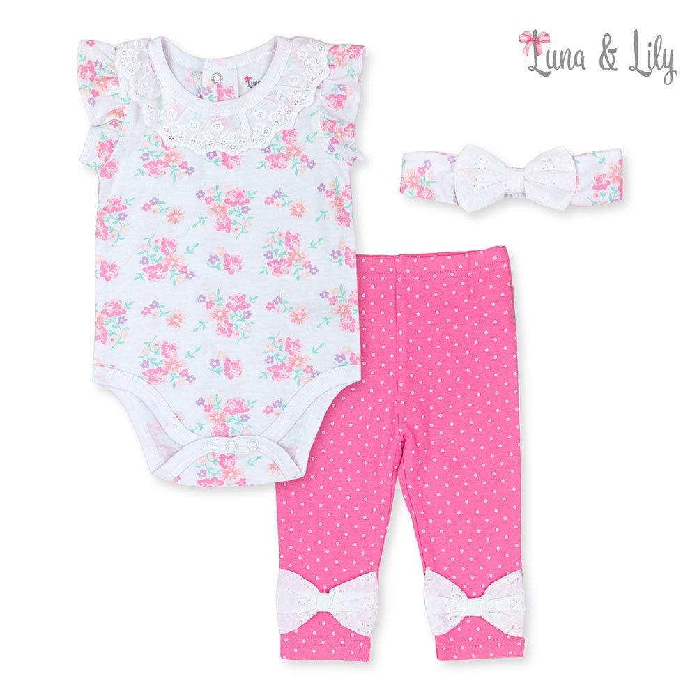 Luna Lily | 3 Piece Romper Set With Headband | White Floral, Size: 0-3M