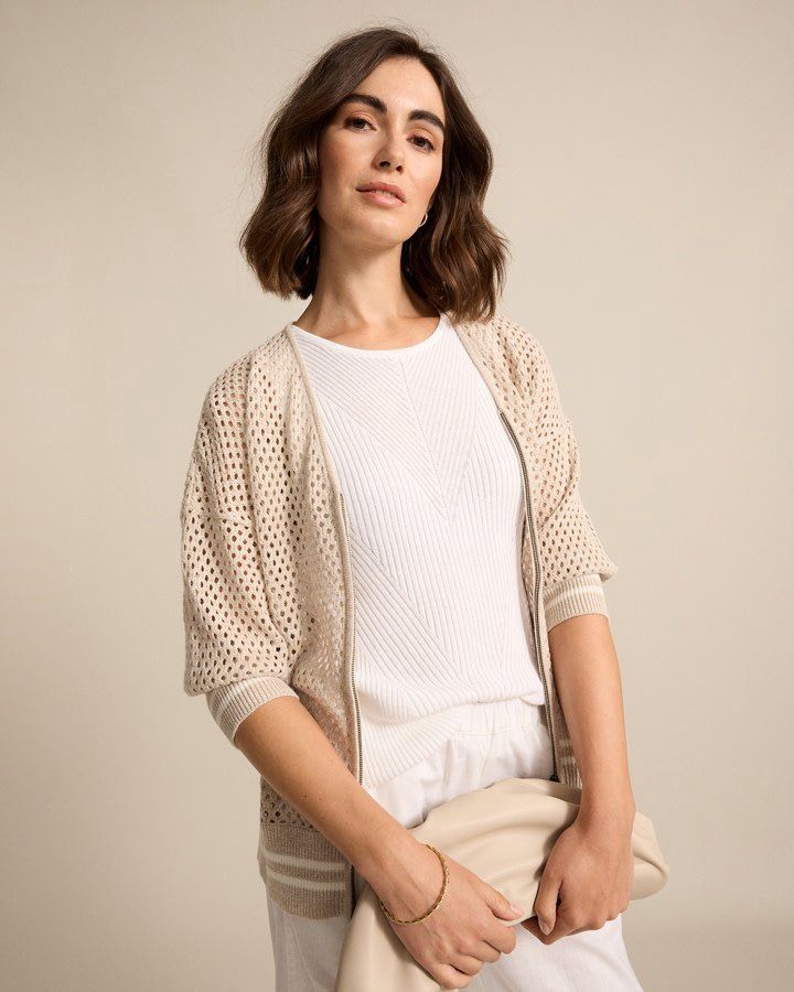 Sirocco | 3/4 Sleeve Zip Thru Cardi | Natural, Size: M