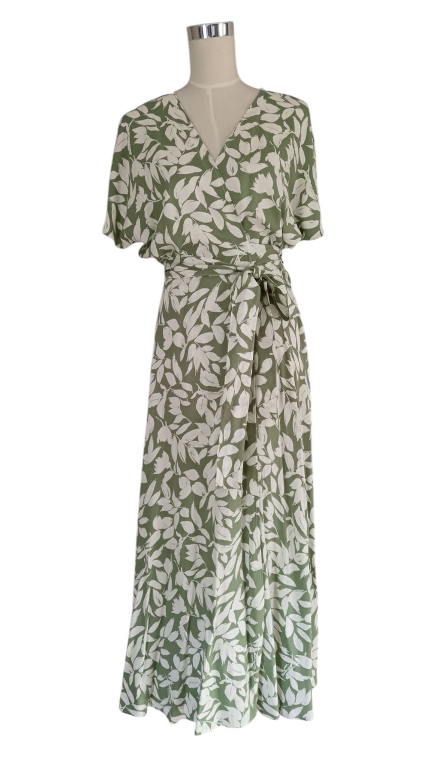 Made With Love | Wrap Maxi Dress | White Leaves On Green, Size: M