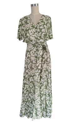 Made With Love | Wrap Maxi Dress | White Leaves On Green