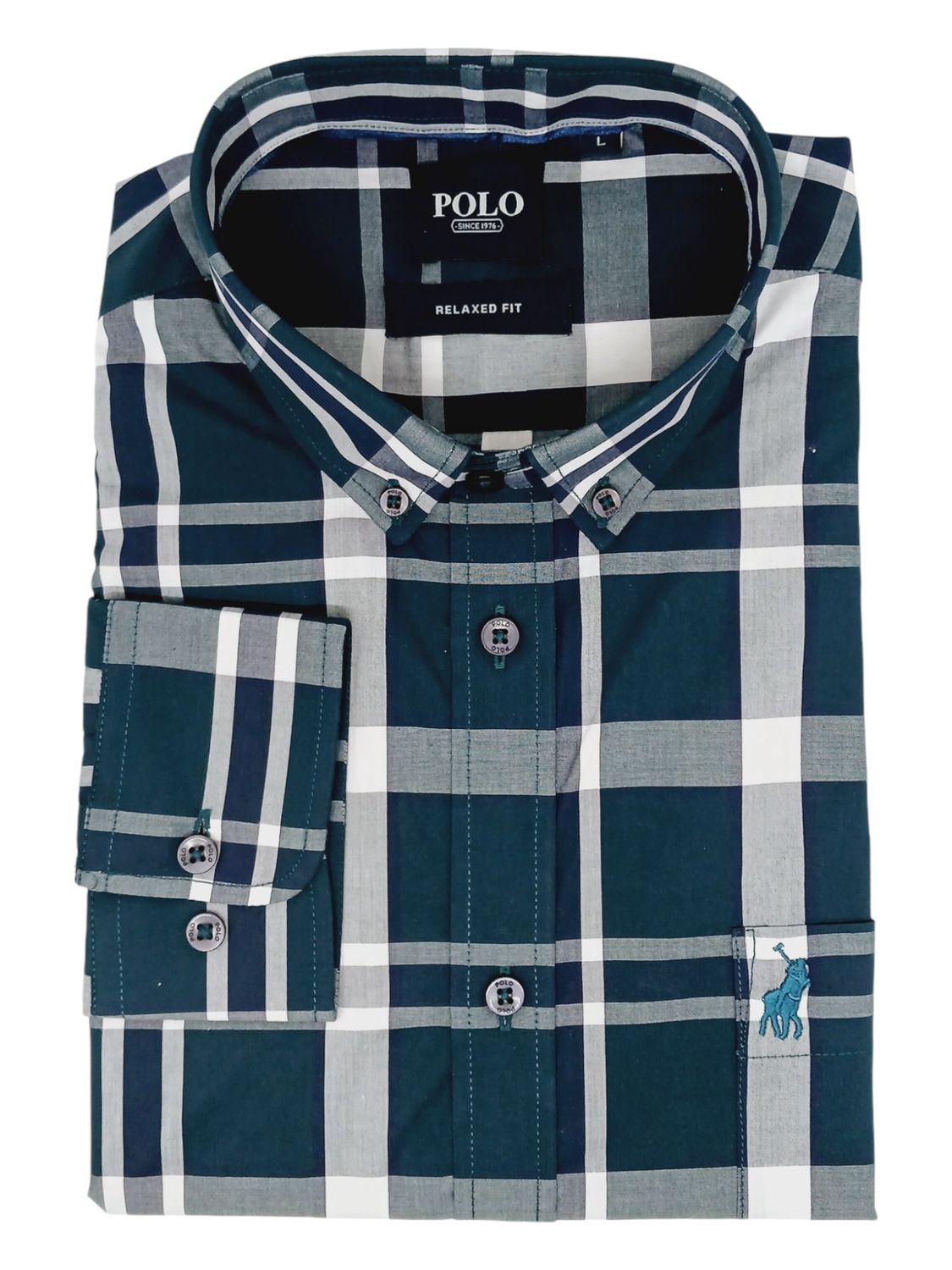 Polo | Finch Easy Care Long Sleeve Shirt | Dark Green Check, Size: M