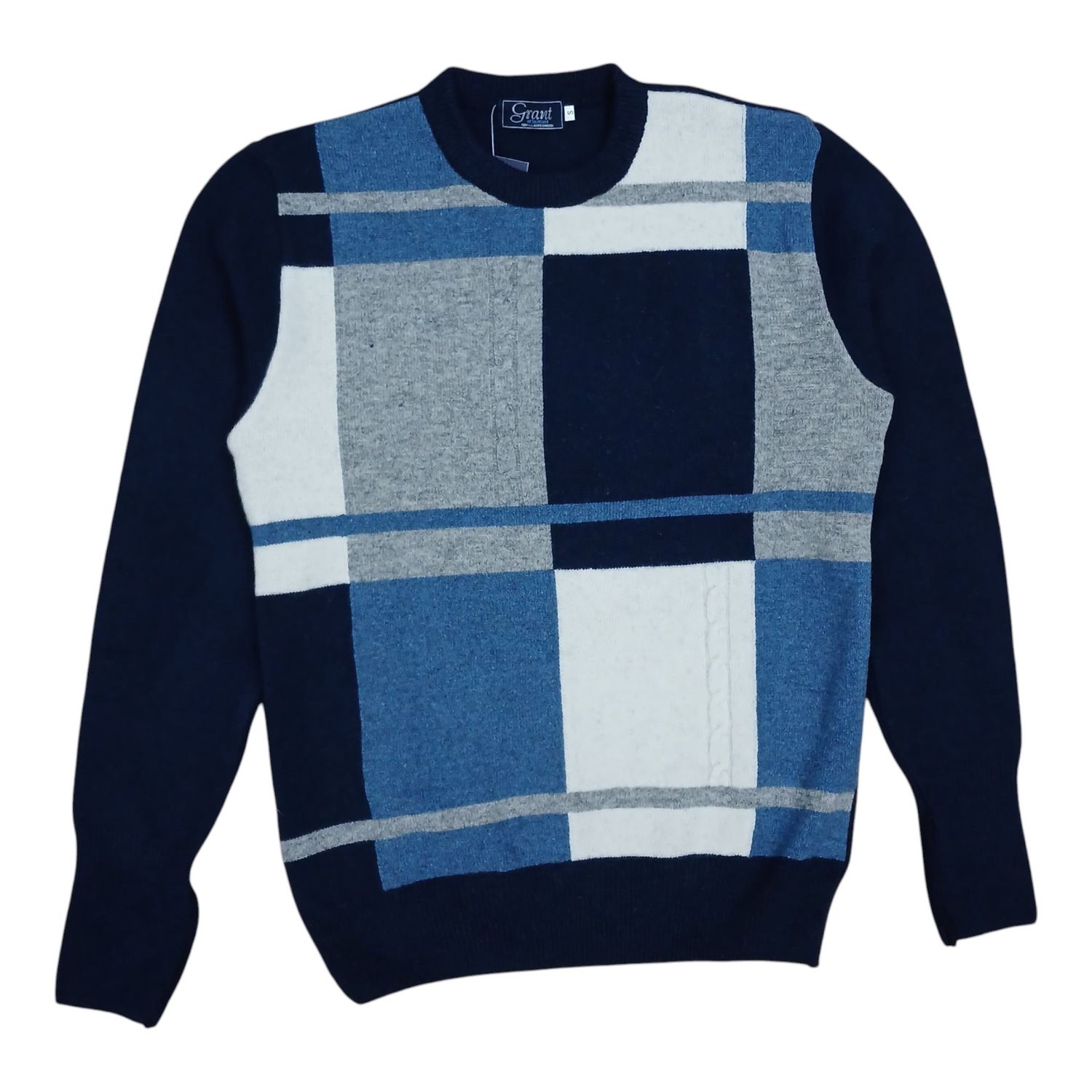 Grant | Lambswool Fancy Crew Neck Jersey | Navy, Size: S