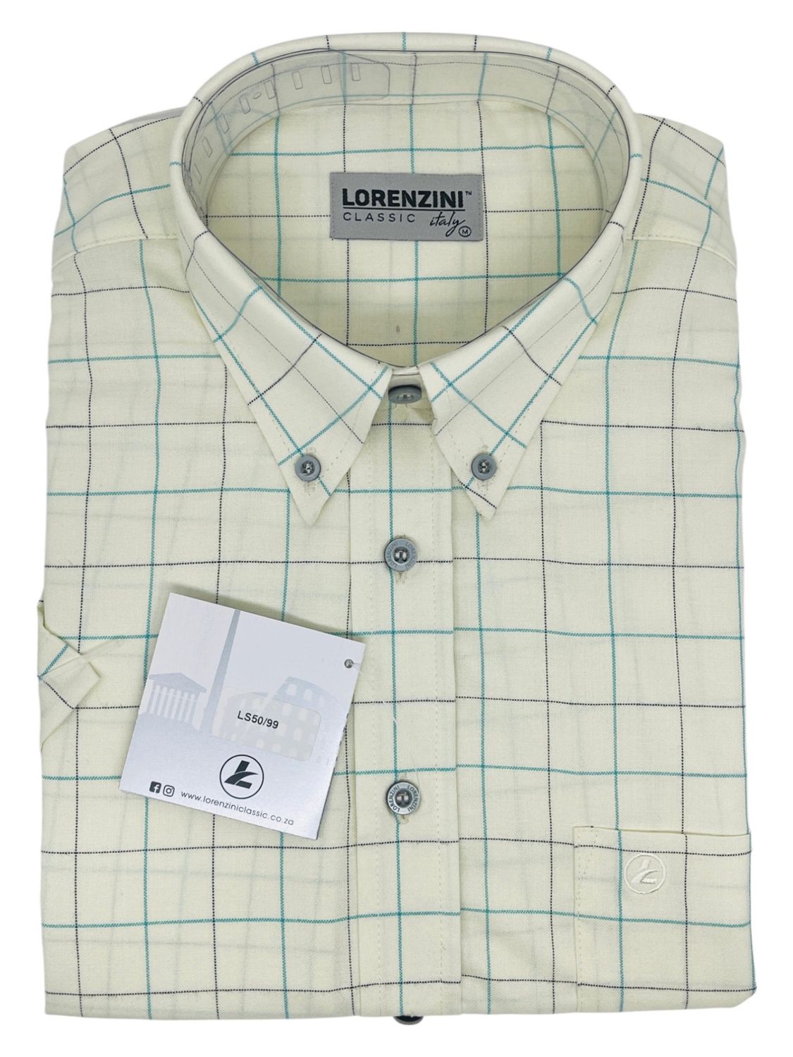 Lorenzini | Classic Short Sleeve Shirt | LS50/99 | Cream &amp; Turquoise, Size: S
