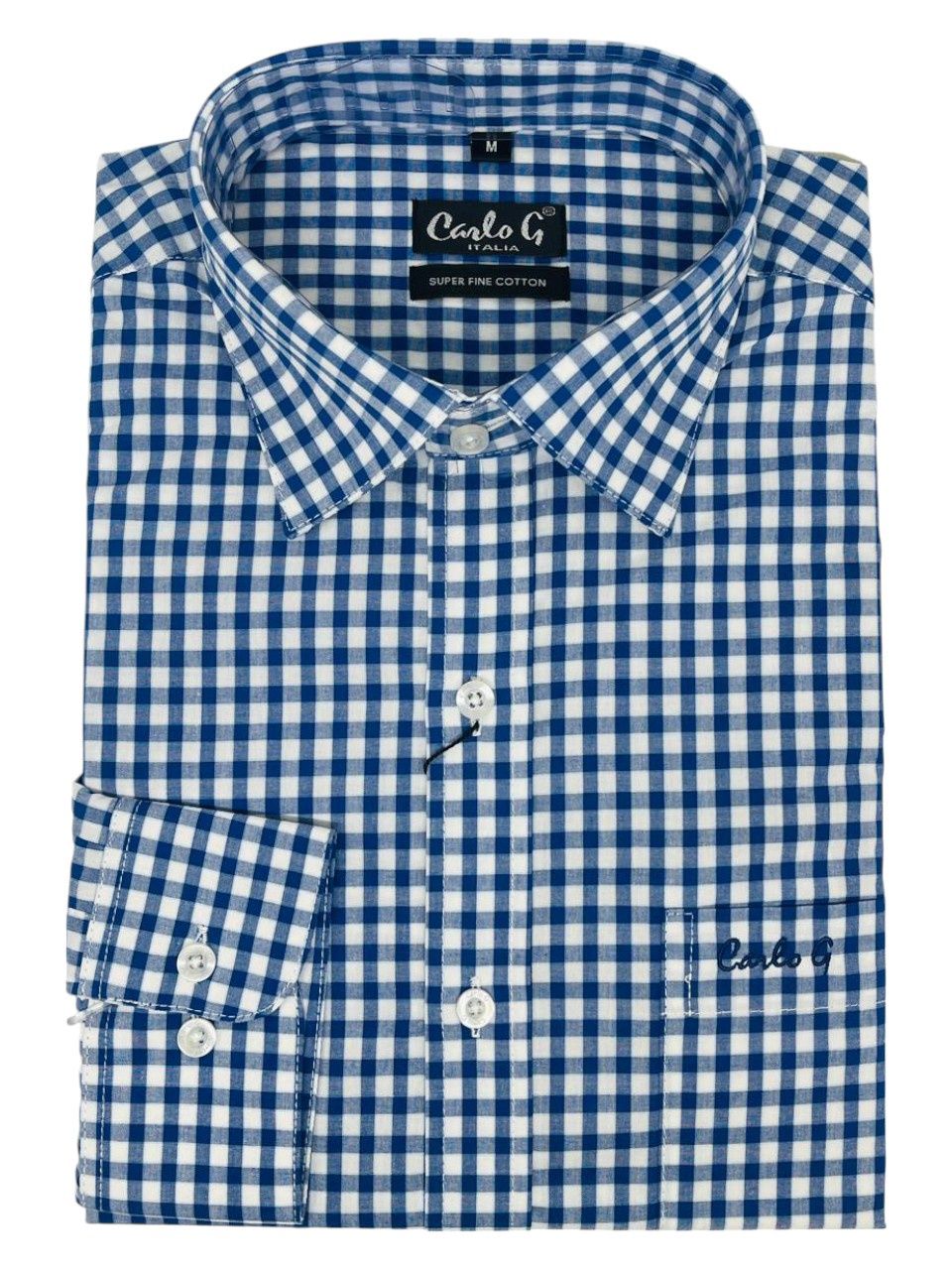 Carlo Galucci | Classic Fit Long Sleeve  Shirt | Blue &amp; White Check, Size: S