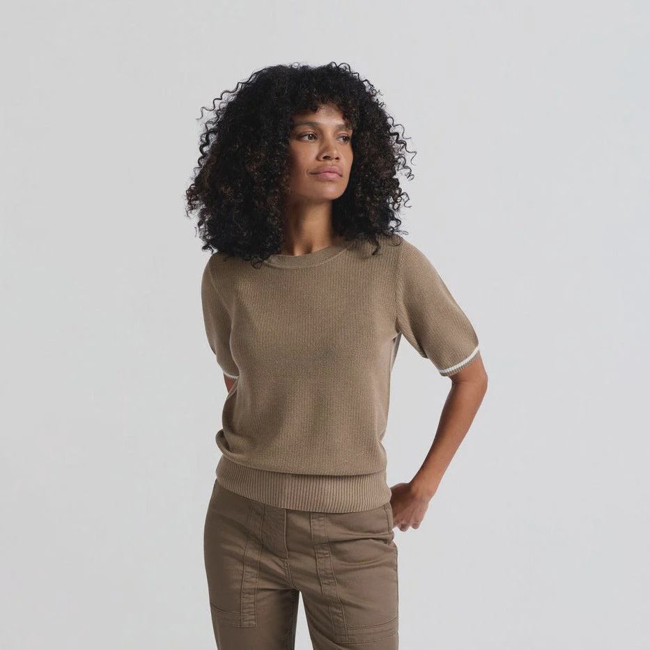 YAYA | Textured Tape Yarn Short Sleeve Sweater | Caribou Brown, Size: S