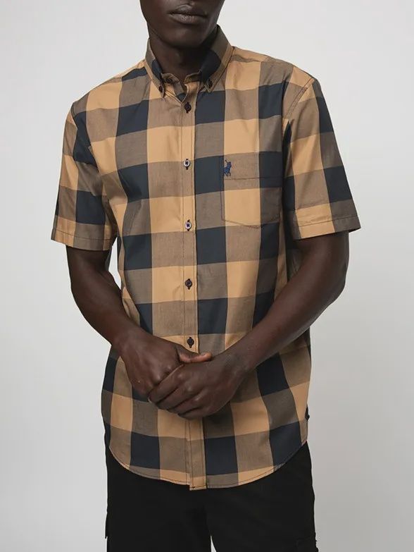 Polo | Short Sleeve Shirt | Large  Check | Camel, Size: M