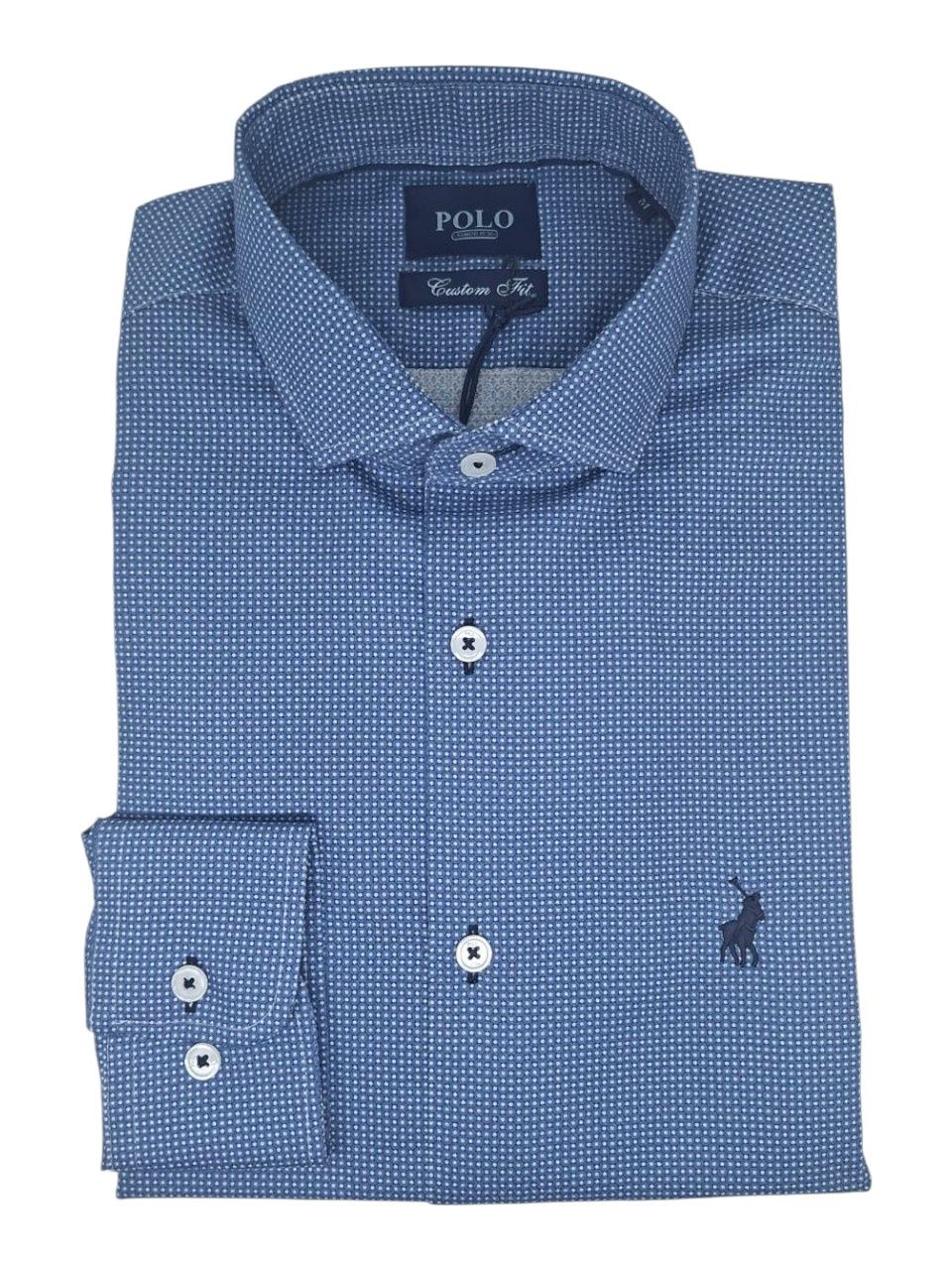 Polo | Long Sleeve Micro Print Shirt | Blue, Size: S
