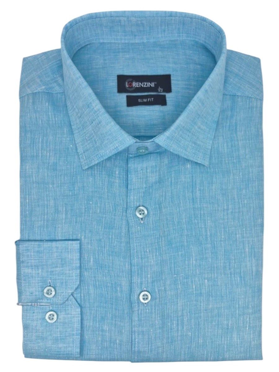 Lorenzini | Slim Fit Linen Long Sleeve Shirt | LO26/21 | Turquoise, Size: S
