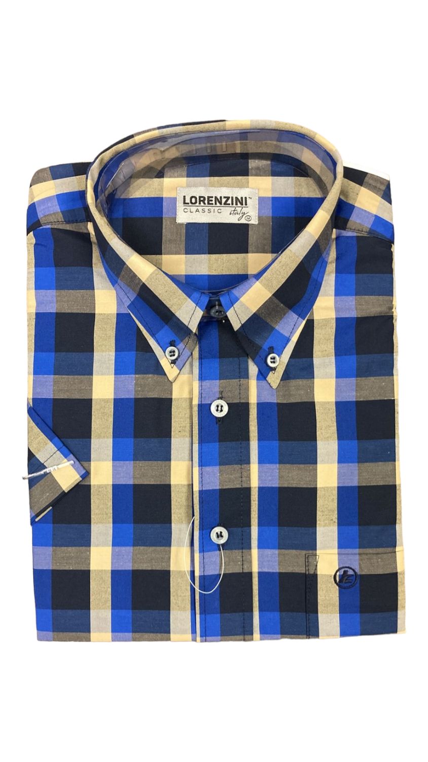 Lorenzini | Classic Short Sleeve Shirt | Blue Check, Size: M