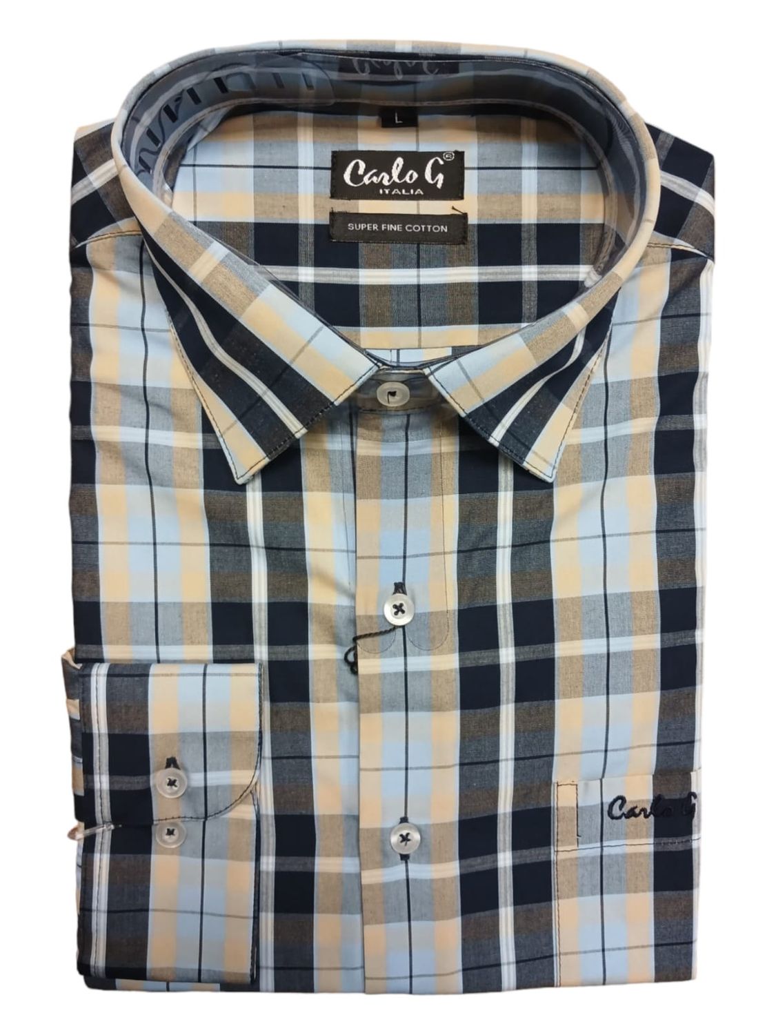 Carlo Galucci | Long Sleeve Classic Fit NBD Shirt | Navy &amp; Stone Check, Size: S