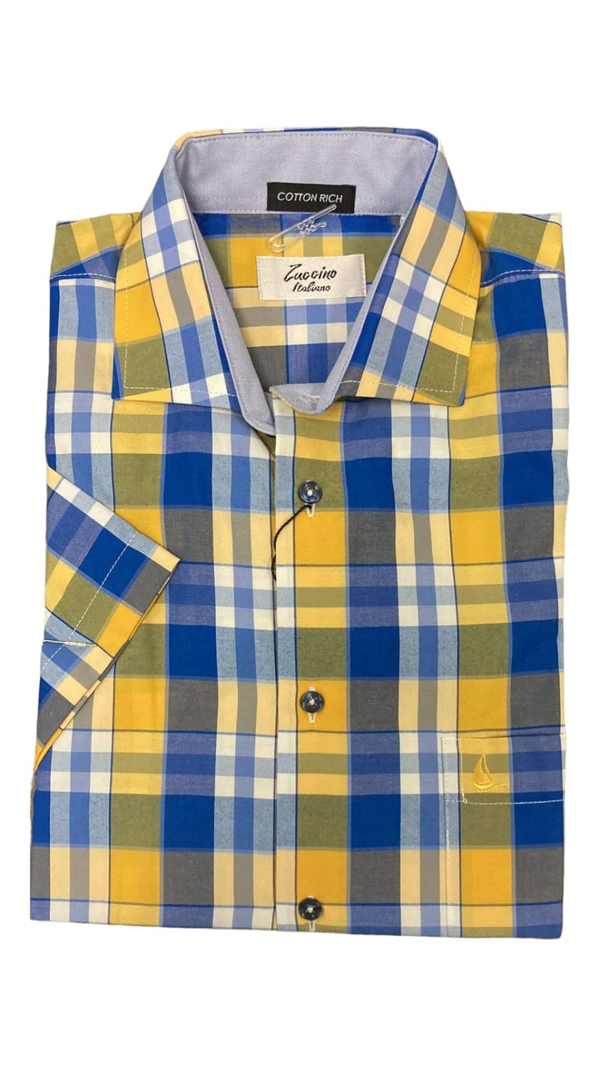 Zuccino | Short Sleeve Shirt | Navy/Yellow, Size: M
