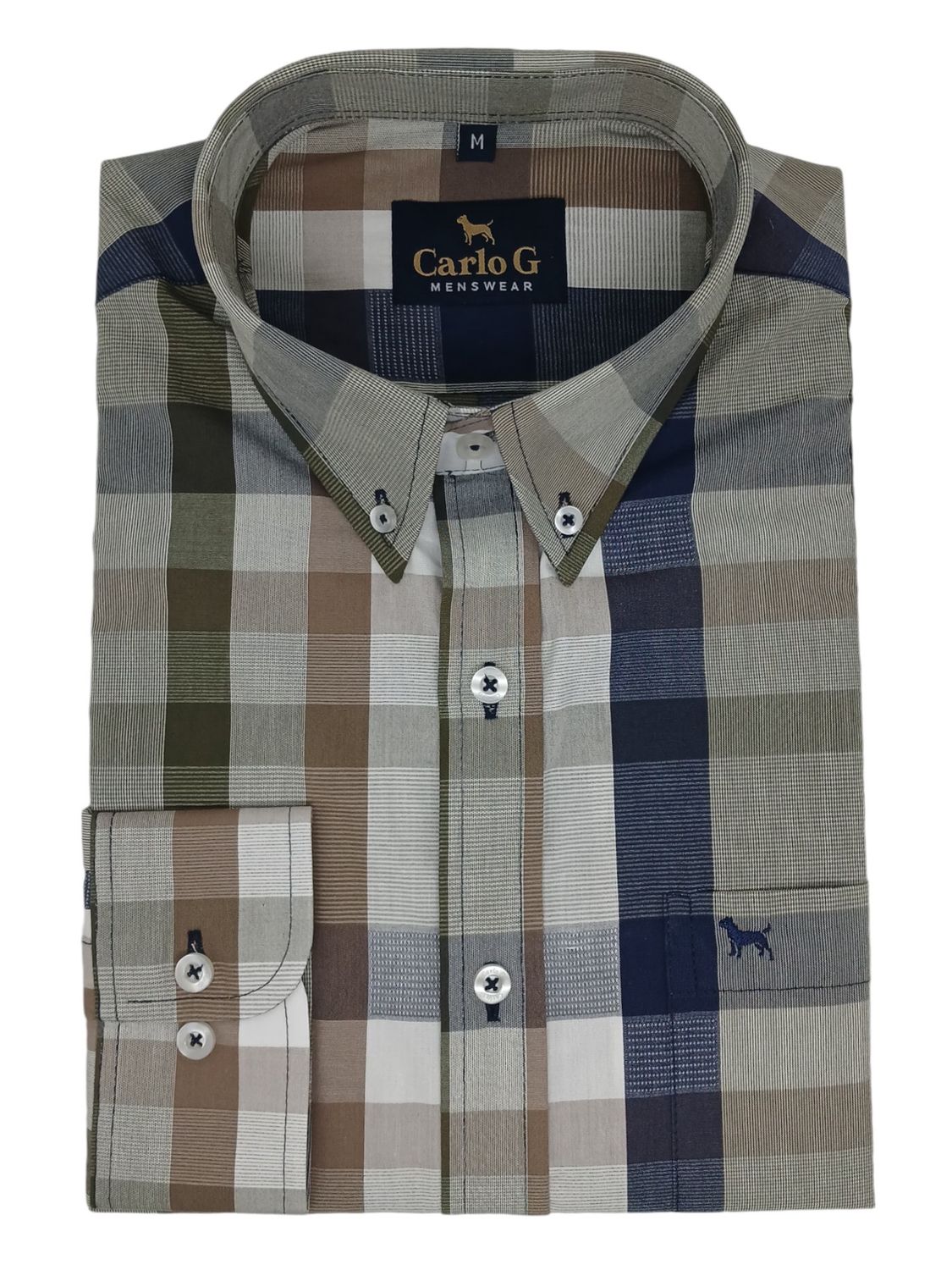 Carlo Galucci | Long Sleeve Classic Fit BD Shirt | Staffie | Olive Check, Size: S