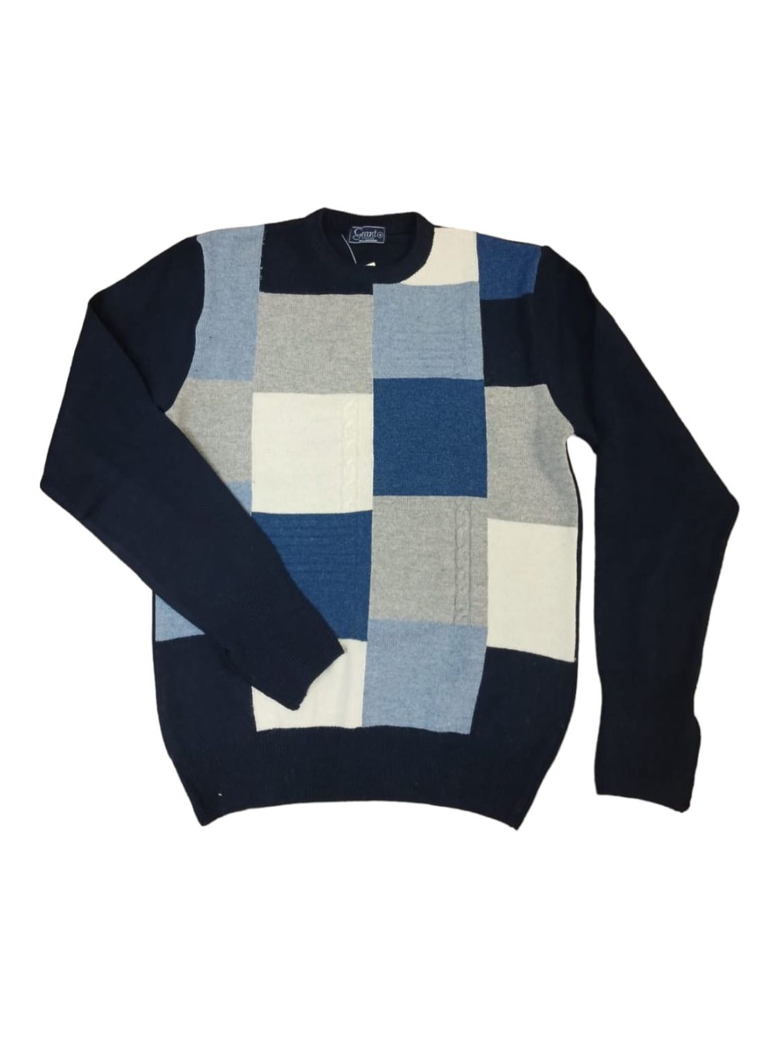 Grant | Lambswool Crew Neck Jersey | Blocks | Navy, Size: S