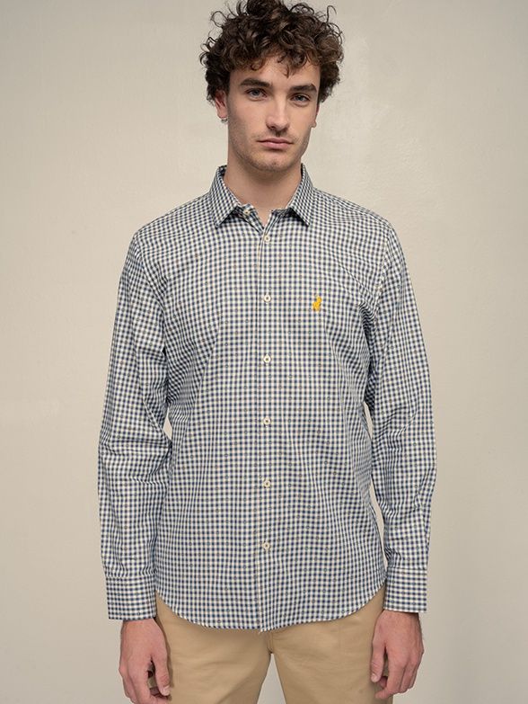 Polo | Dobby Long Sleeve Shirt | Gingham Check | Navy, Size: S