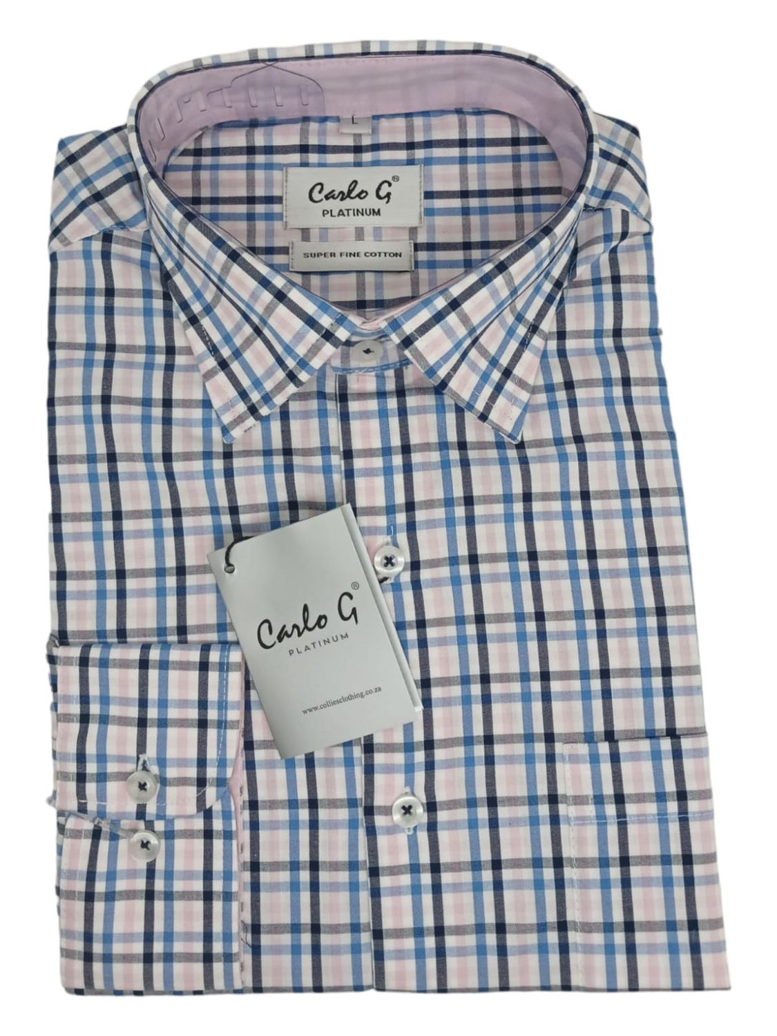 Carlo Galucci | Platinum Long Sleeve Shirt | Pink &amp; Navy Check, Size: S