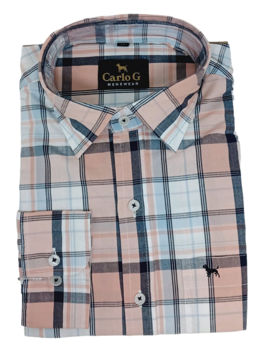 Carlo Galucci | Long Sleeve Shirt | Salmon Check, Size: S