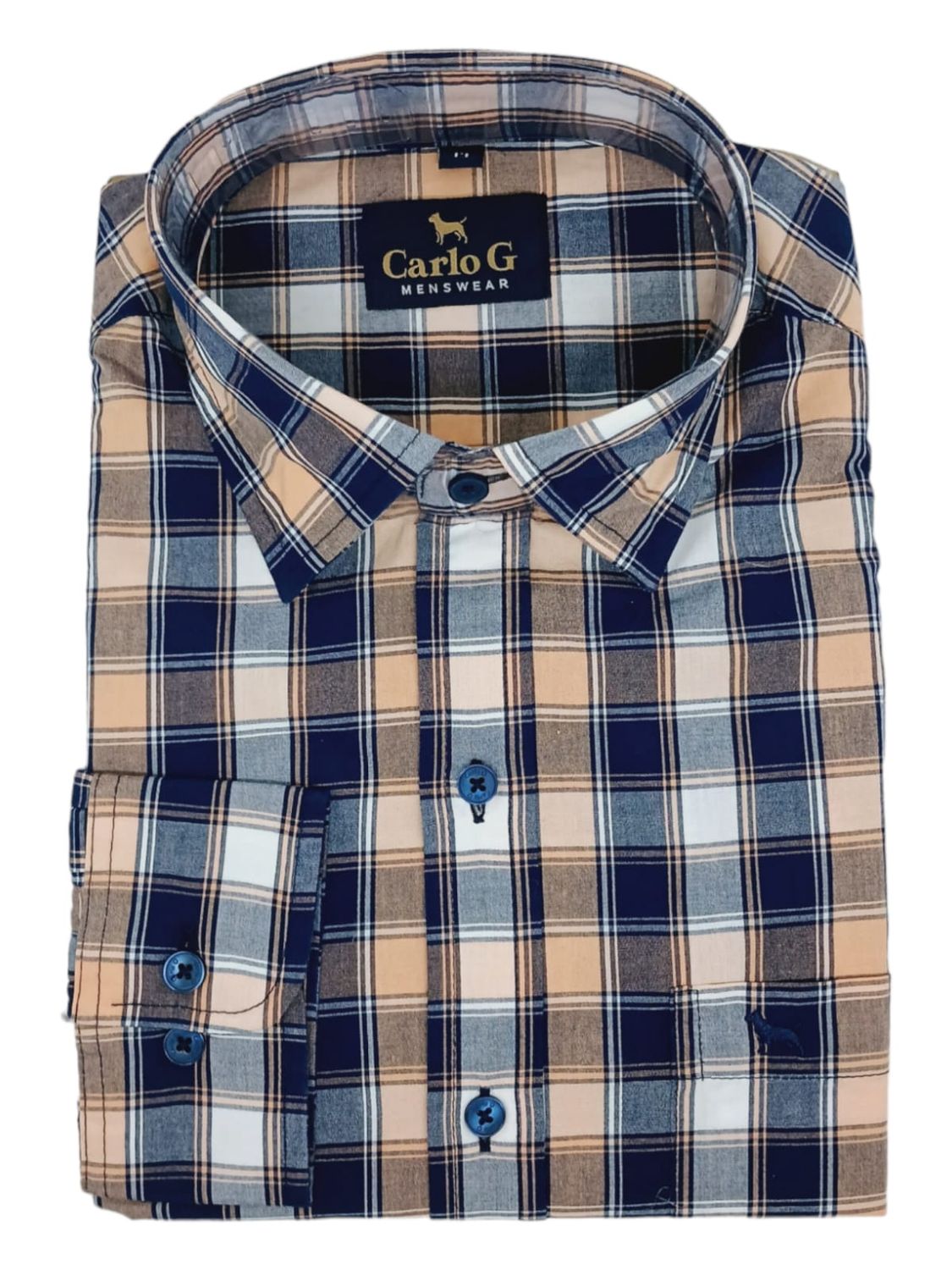 Carlo Galucci | Long Sleeve Shirt | Navy &amp; Peach Check, Size: S