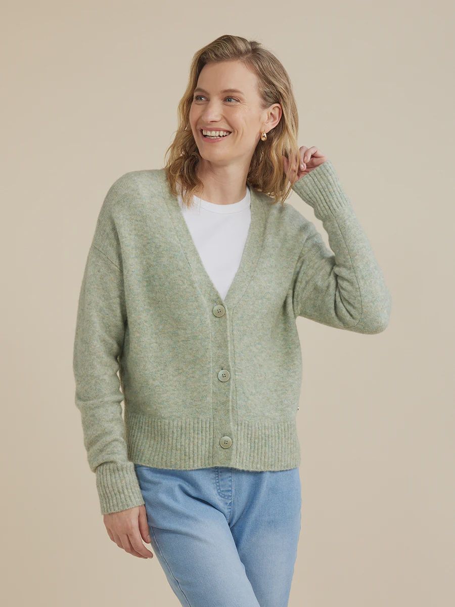 Yarra Trail | 3 Button Cardigan | Green Mist Marle, Size: S