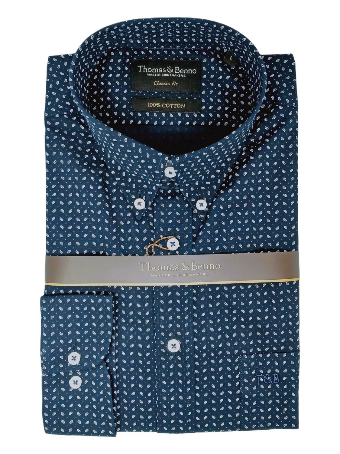 Thomas &amp; Benno | Classic Long Sleeve Shirt | Paisley Print | Navy, Size: S